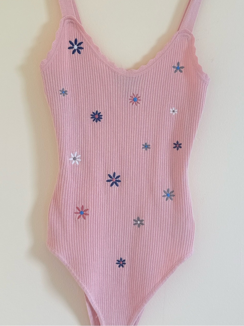 Pink Ribbed Floral Embroidered Bodysuit Y2K Cottagecore Cami Tank